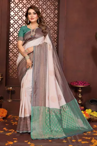 Beige banarasi silk jacquard saree for women