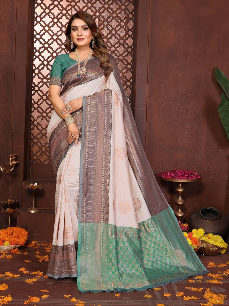 Beige banarasi silk jacquard saree for women