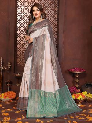 Beige banarasi silk jacquard saree for women 2
