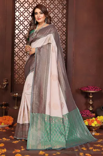 Beige banarasi silk jacquard saree for women