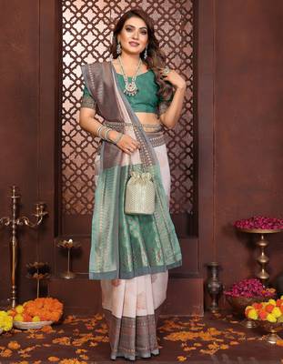 Beige banarasi silk jacquard saree for women 4
