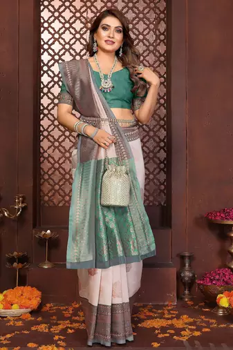 Beige banarasi silk jacquard saree for women