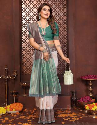Beige banarasi silk jacquard saree for women 5
