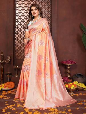 Peach banarasi silk jacquard saree for women 2