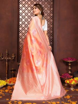 Peach banarasi silk jacquard saree for women 3
