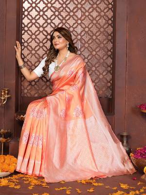 Peach banarasi silk jacquard saree for women 4