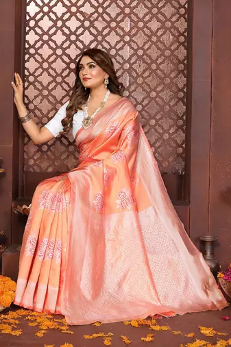 Peach banarasi silk jacquard saree for women