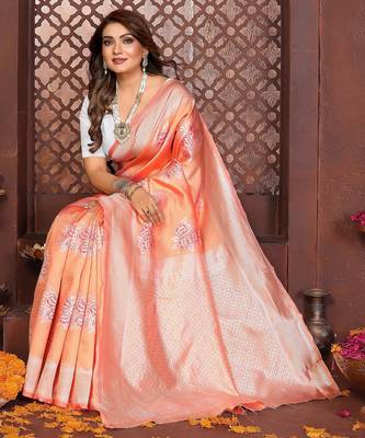 Peach banarasi silk jacquard saree for women 5