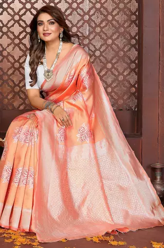Peach banarasi silk jacquard saree for women