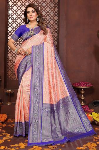 Peach banarasi silk jacquard saree for women