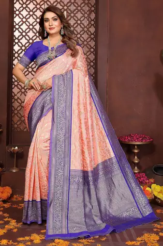 Peach banarasi silk jacquard saree for women