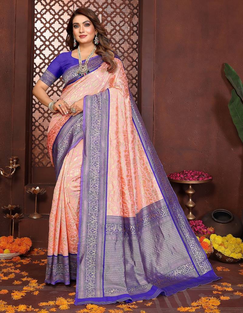 Peach banarasi silk jacquard saree for women