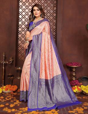 Peach banarasi silk jacquard saree for women 2