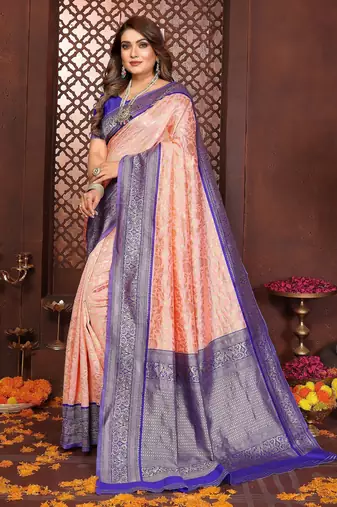 Peach banarasi silk jacquard saree for women