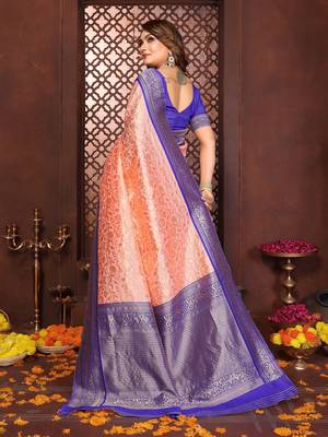 Peach banarasi silk jacquard saree for women 3