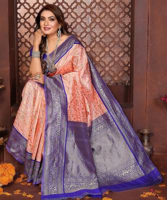 Peach banarasi silk jacquard saree for women 4