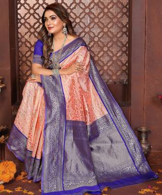 Peach banarasi silk jacquard saree for women 5