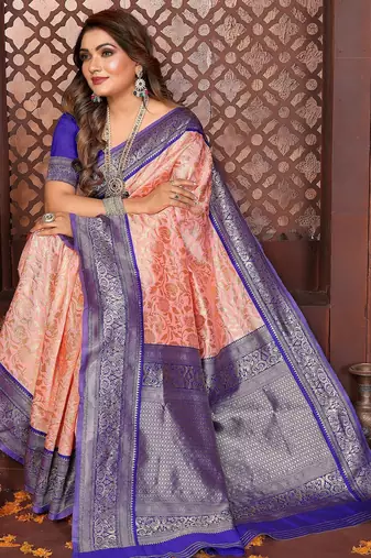 Peach banarasi silk jacquard saree for women