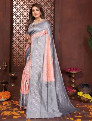 peach banarasi silk jacquard saree for women 2