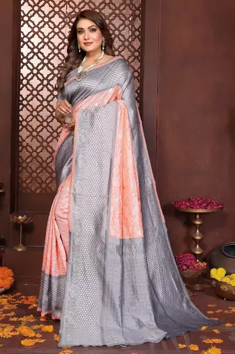 peach banarasi silk jacquard saree for women