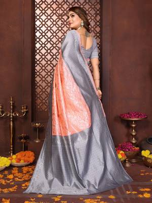 peach banarasi silk jacquard saree for women 3