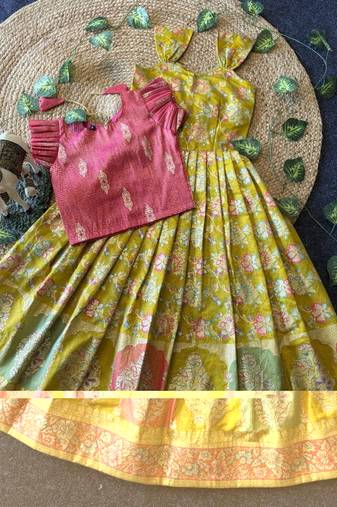 Festive wear yellow dola silk zari and thread weaving gown with pink koti