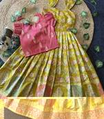 Festive wear yellow dola silk zari and thread weaving gown with pink koti