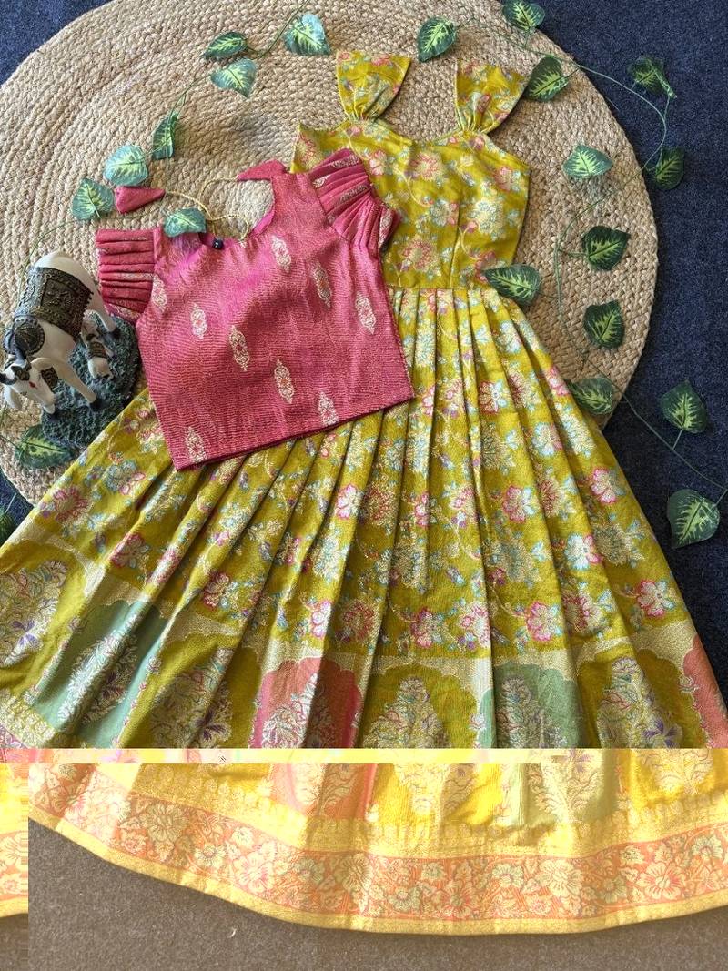 Festive wear yellow dola silk zari and thread weaving gown with pink koti