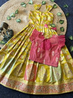 Festive wear yellow dola silk zari and thread weaving gown with pink koti 2