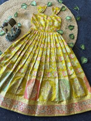 Festive wear yellow dola silk zari and thread weaving gown with pink koti 3