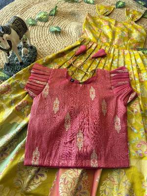Festive wear yellow dola silk zari and thread weaving gown with pink koti 4