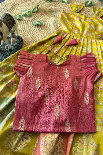 Festive wear yellow dola silk zari and thread weaving gown with pink koti
