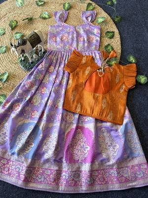 Festive wear lavender dola silk zari and thread weaving gown with orange koti 2