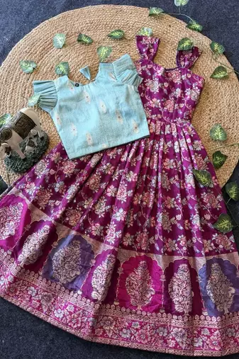 Festive wear magenta dola silk zari and thread weaving gown with skyblue koti