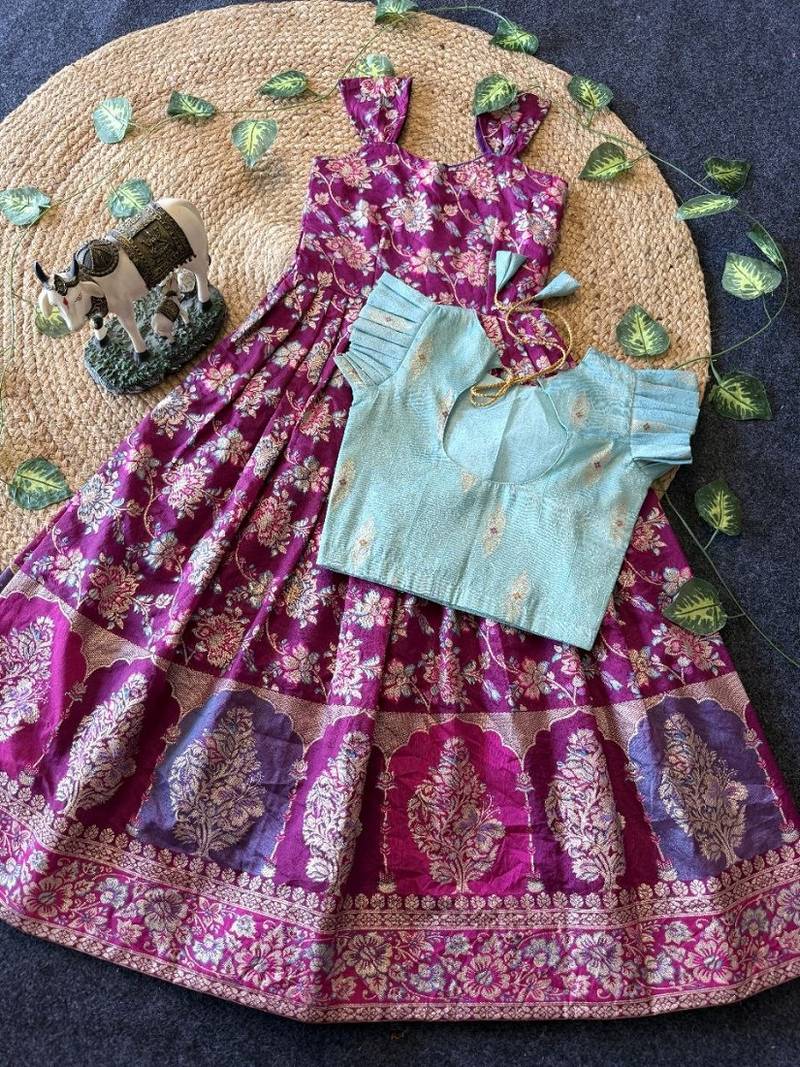 Festive wear magenta dola silk zari and thread weaving gown with skyblue koti