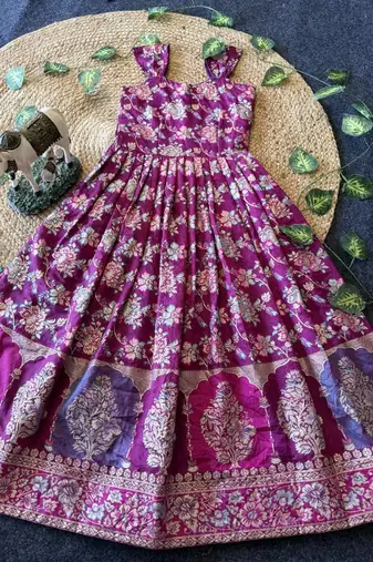 Festive wear magenta dola silk zari and thread weaving gown with skyblue koti