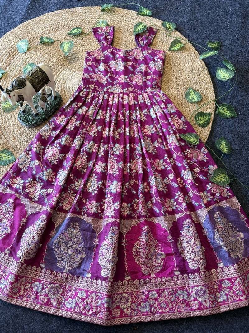 Festive wear magenta dola silk zari and thread weaving gown with skyblue koti