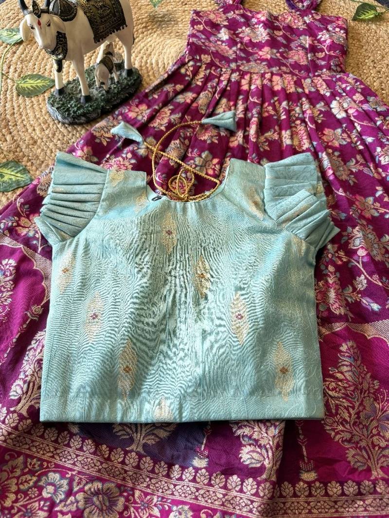 Festive wear magenta dola silk zari and thread weaving gown with skyblue koti