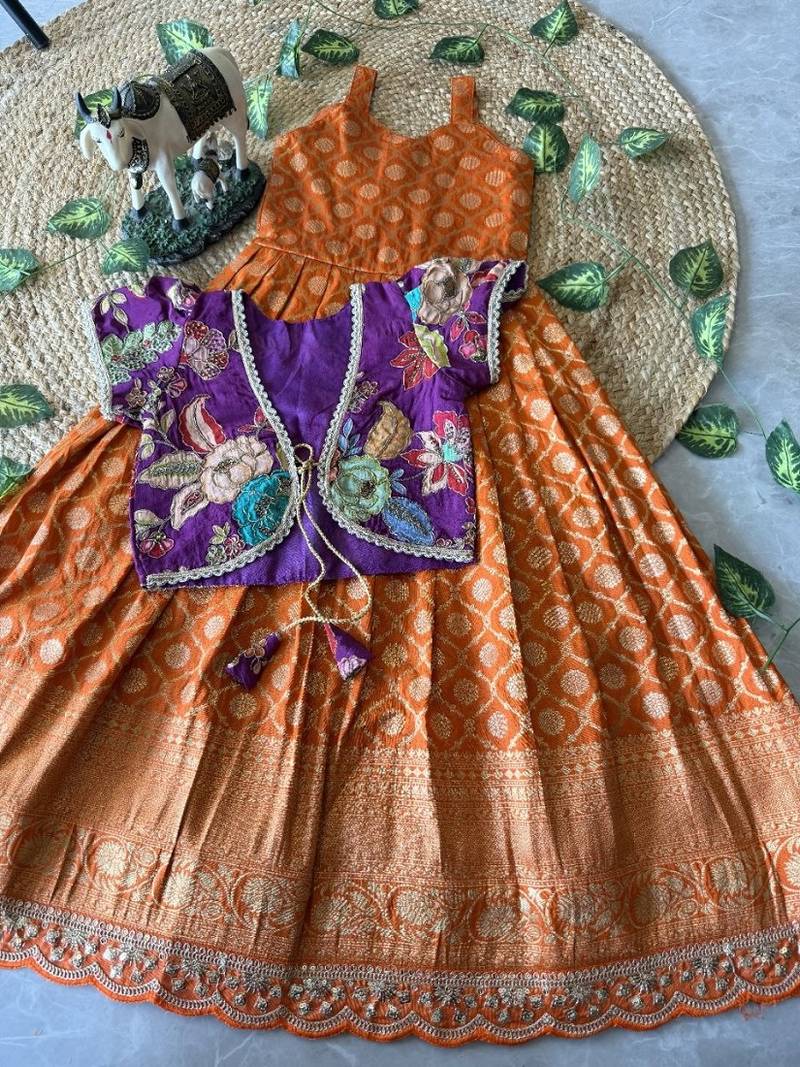 Festive wear dola silk zari and thread weaving gown with position print koti