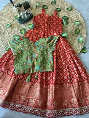 Festive wear dola silk zari and thread weaving gown with position print koti 2