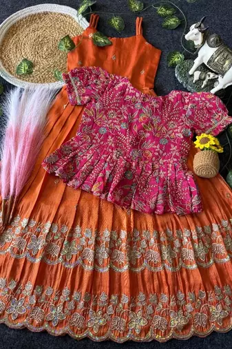 Designer tissue silk embroidered work gown with koti for kids