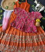 Designer tissue silk embroidered work gown with koti for kids