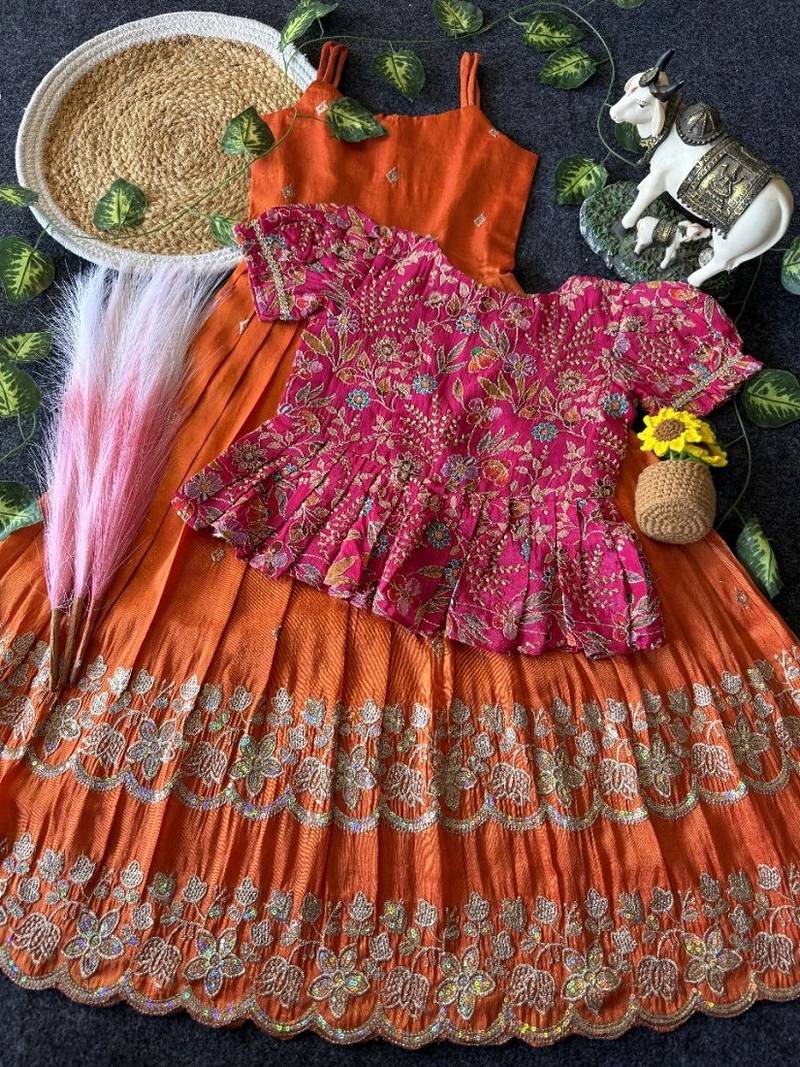 Designer tissue silk embroidered work gown with koti for kids