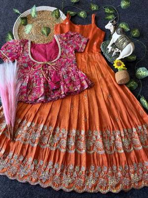 Designer tissue silk embroidered work gown with koti for kids 2