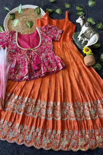Designer tissue silk embroidered work gown with koti for kids