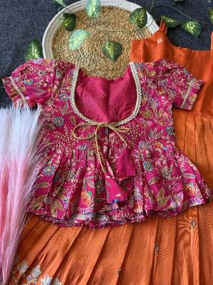 Designer tissue silk embroidered work gown with koti for kids 3