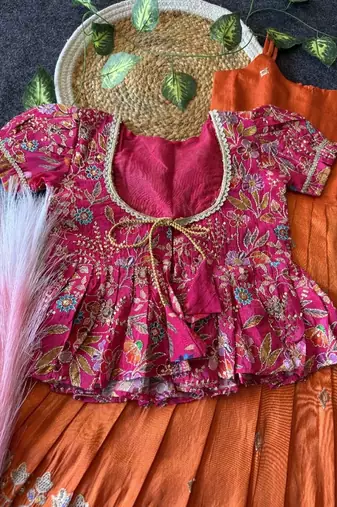 Designer tissue silk embroidered work gown with koti for kids