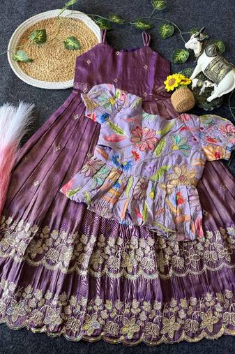 Designer tissue silk embroidered work gown with koti for kids
