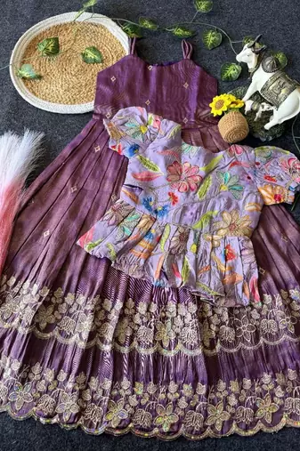 Designer tissue silk embroidered work gown with koti for kids