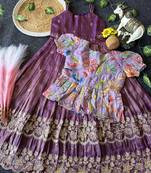 Designer tissue silk embroidered work gown with koti for kids